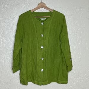 Hot Cotton Women’s Green Linen V-Neck Button 3/4 Sleeve Oversized Shirt Top M